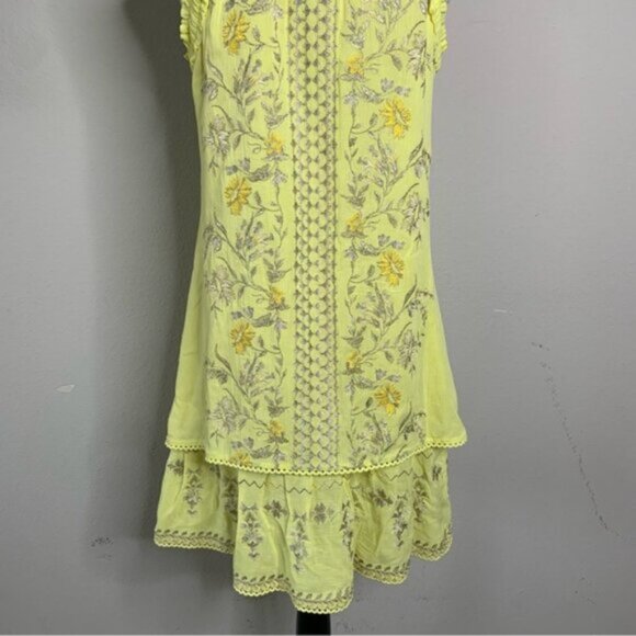 Hale Bob Yellow Embroidered Ruffle Hem Sleeveless Boho Mini Dress - Picture 9 of 13